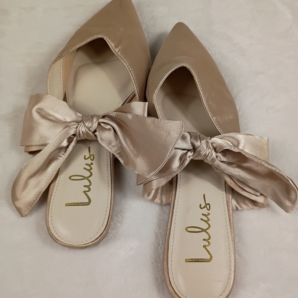 Lulus Mule Flats Womens 6.5 Champagne Satin Bow Pointed Toe Slides - Picture 4 of 7